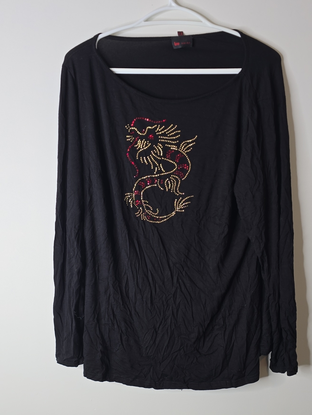 Vintage Black Long-Sleeve Tee with Red & Gold Dragon Rhinestones